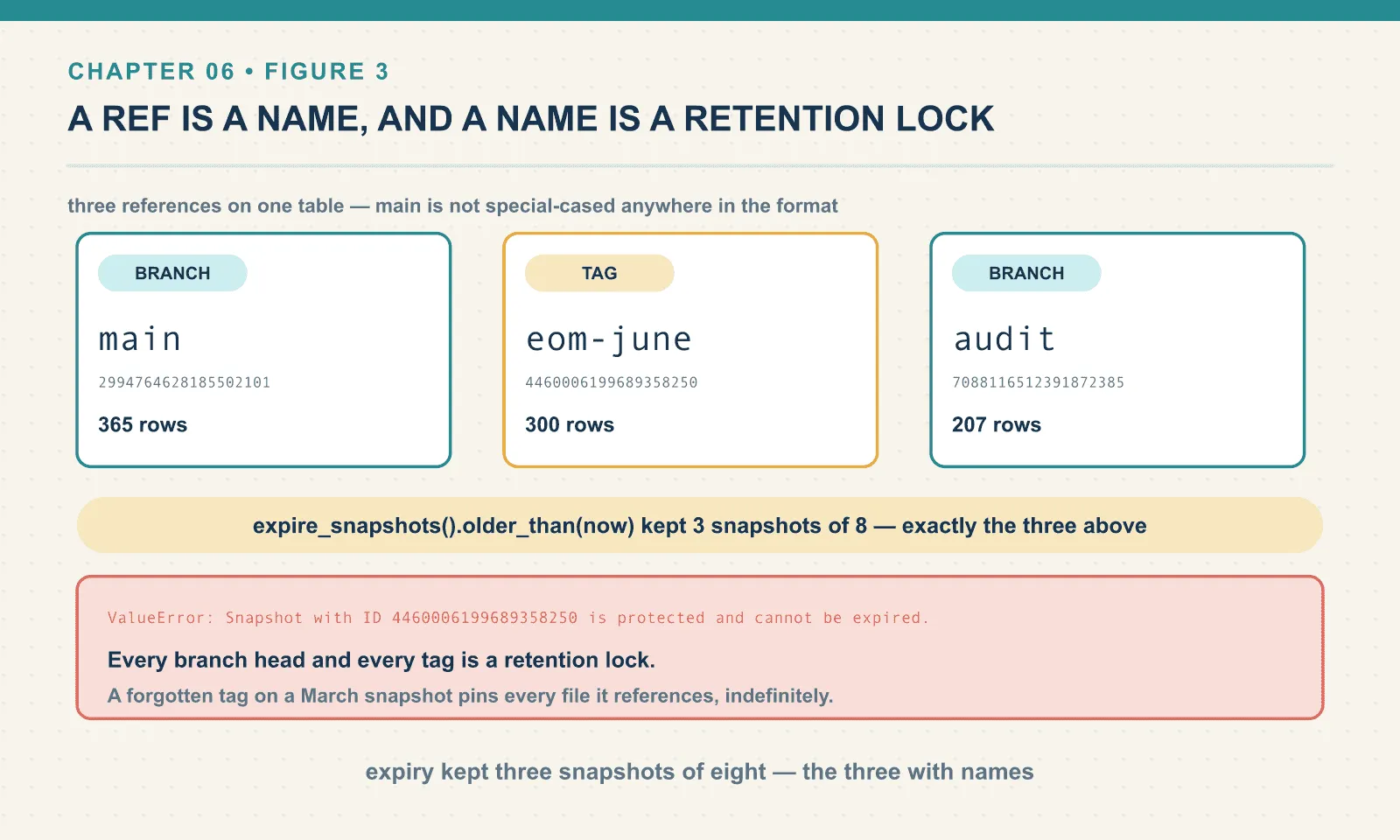 The table carries three references: main, a branch at 365 rows; eom-june, a tag at 300 rows; and audit, a branch at 207 rows. Expiring snapshots older than now left 3 of 8, precisely the three a reference points at, and expiring a tagged snapshot by id is refused because it is protected.