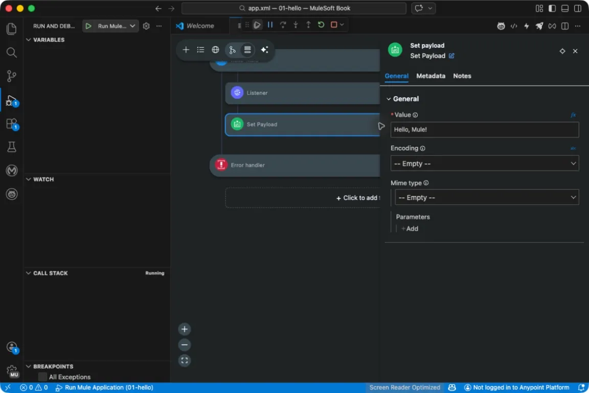 Set Payload configuration with the literal value Hello, Mule!.