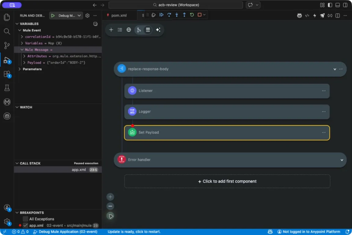 ACB paused before Set Payload, with the request JSON visible under Mule Message in Variables.