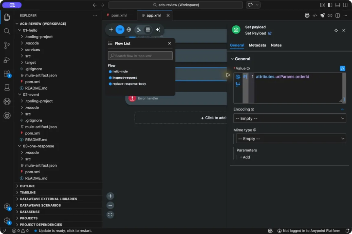 ACB Set Payload expression field selecting attributes.uriParams.orderId.